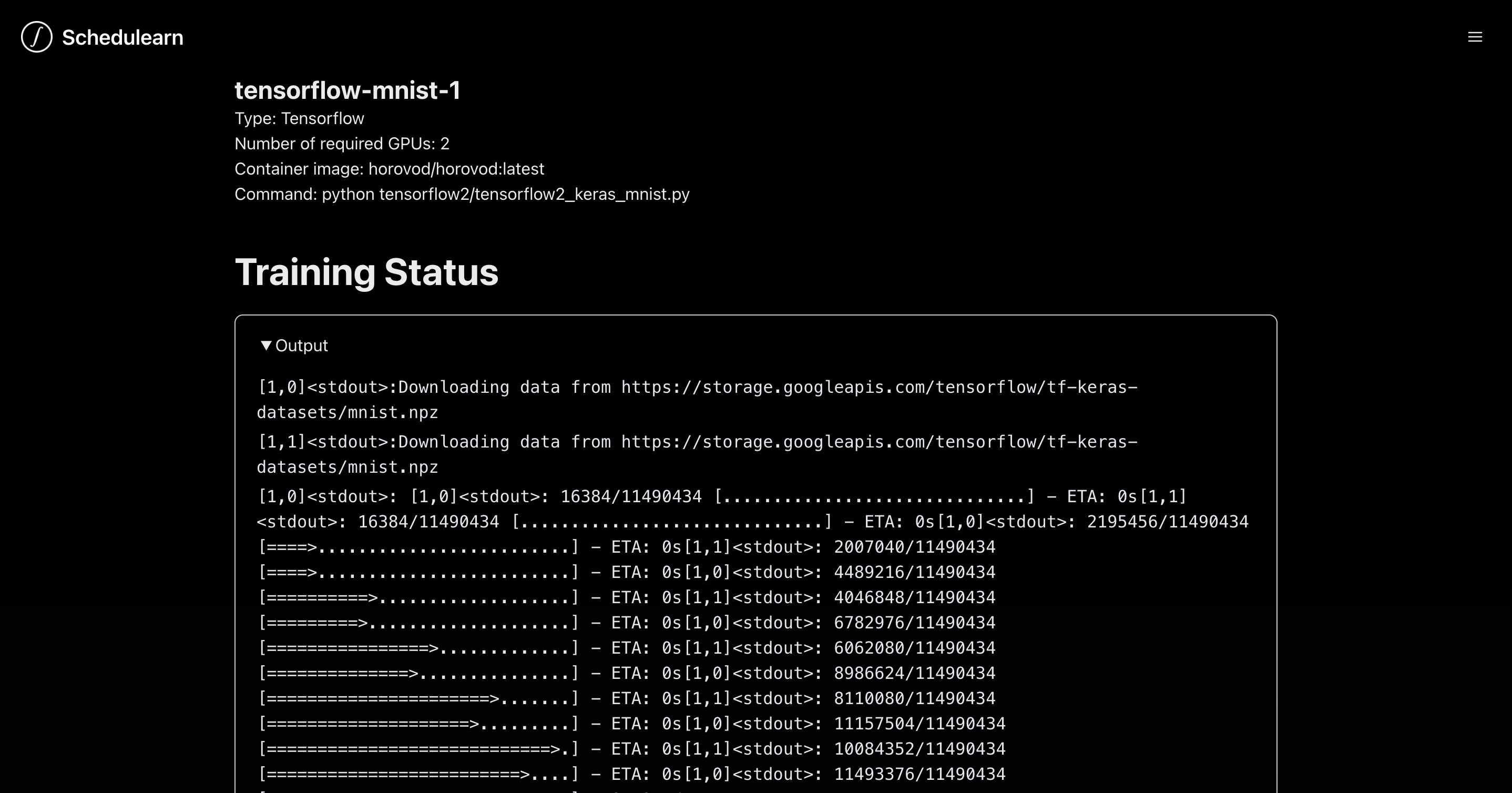 
The output streamed from the job's docker

